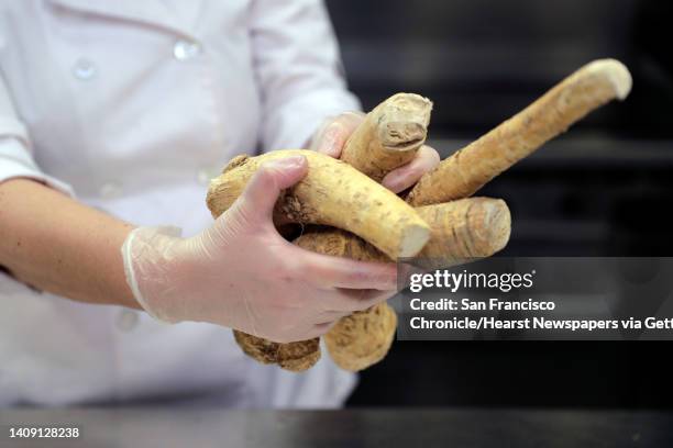 Caterer Aliza Grayevsky Somekh holds several horseradish roots as she and her husband Nadav Somekh prepare ingredients for takeaway Seder plates in...