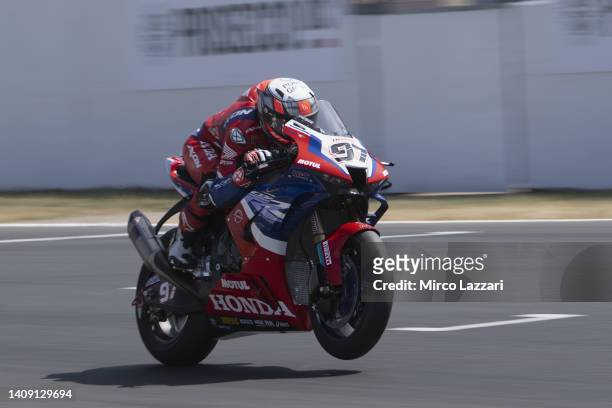 Xavi Vierge of Spain and Team HRC lifts the front wheel during the World Superbike race 1 during the Fim Superbike World Championship 2022 at...