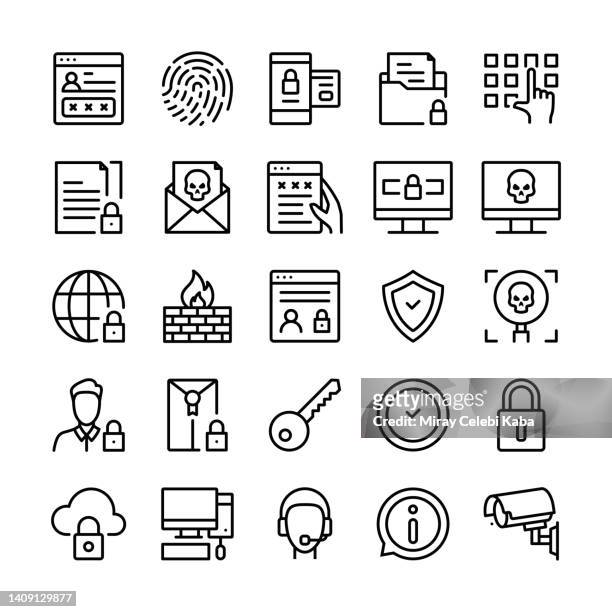 illustrazioni stock, clip art, cartoni animati e icone di tendenza di set di icone della linea di sicurezza informatica - tasto invio