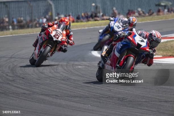Iker Lecuona of Spain and Team HRC leads the field during the World Superbike race 1 during the Fim Superbike World Championship 2022 at Donington...
