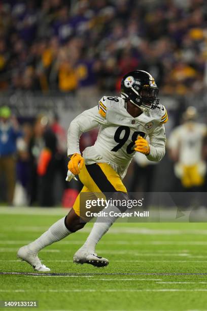 Taco Charlton of the Pittsburgh Steelers defends against the Minnesota Vikings during an NFL game at U.S. Bank Stadium on December 09, 2021 in...