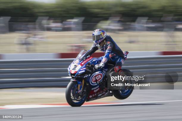 Toprak Razgatlioglu of Turkey and Pata Yamaha with Brixx WorldSBKlifts the rear wheel during the World Superbike race 1 during the Fim Superbike...