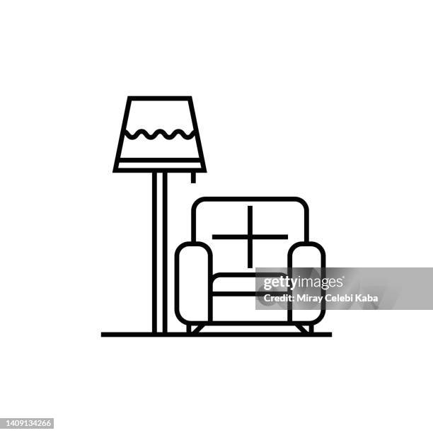 ilustraciones, imágenes clip art, dibujos animados e iconos de stock de lámpara de pie, sillón, muebles, icono de línea - comfortable