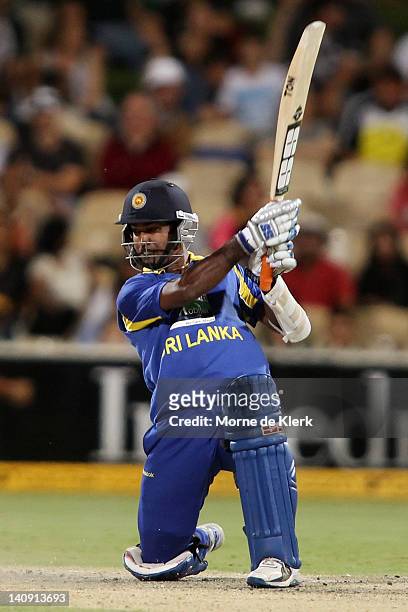Nuwan Kulasekara of Sri Lanka bats during the third One Day International Final series match between Australia and Sri Lanka at Adelaide Oval on...
