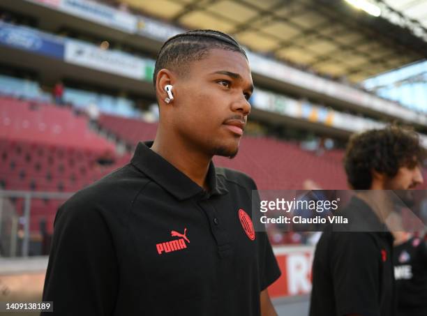 Emil Roback of AC Milan arrives before the pre-season friendly match between 1. FC Köln and AC Milan on July 16, 2022 in Cologne, Germany.