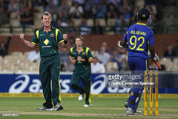 Brett Lee of Australia celebrates taking the wicket of Nuwan Kulasekara of Sri Lanka during the third One Day International Final series match...
