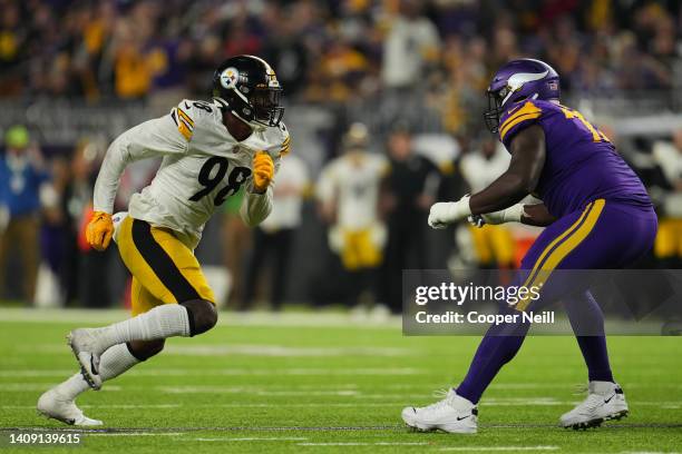 Taco Charlton of the Pittsburgh Steelers defends against the Minnesota Vikings during an NFL game at U.S. Bank Stadium on December 09, 2021 in...