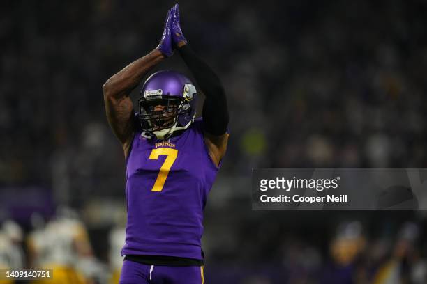 Patrick Peterson of the Minnesota Vikings yells while doing the skol chant against the Pittsburgh Steelers during an NFL game at U.S. Bank Stadium on...