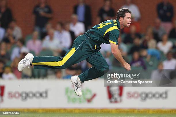 Daniel Christian of Australia bowls during the third One Day International Final series match between Australia and Sri Lanka at Adelaide Oval on...