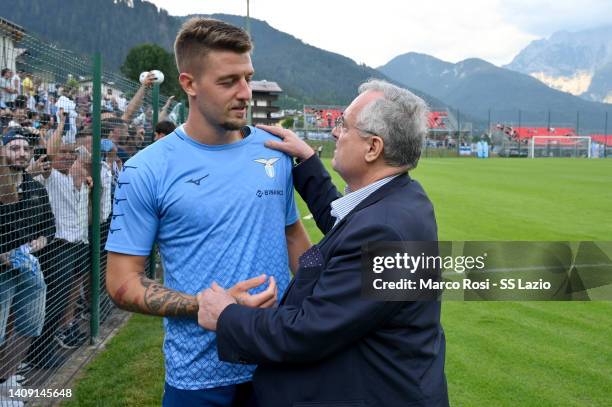 Lazio President Claudio Lotito and Sergej Milinkovic Savic talk after the SS Lazio training session on July 16, 2022 in Auronzo di Cadore, Italy.