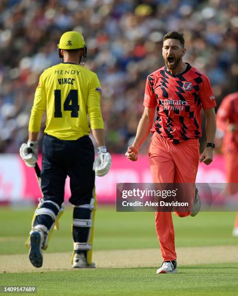 Richard Gleeson of Lancashire celebrates taking the wicket of James Vince of Hampshire during the Vitality Blast Final match between Lancashire...