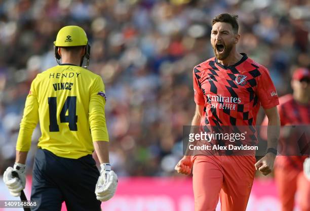 Richard Gleeson of Lancashire celebrates taking the wicket of James Vince of Hampshire during the Vitality Blast Final match between Lancashire...