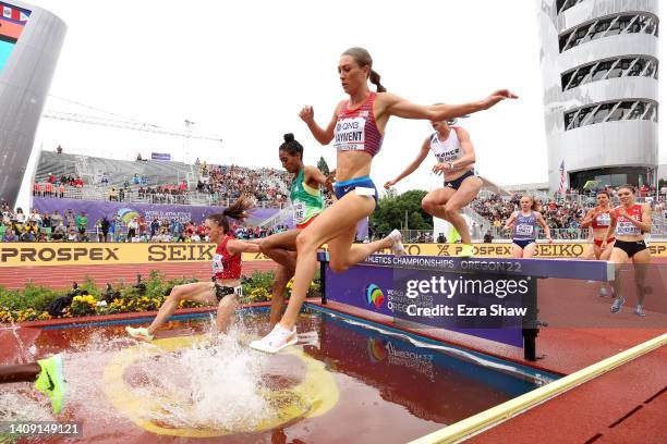 Luiza Gega of Team Albania, Mekides Abebe of Team Ethiopia and Courtney Wayment of Team United States compete in the Women’s 3000m Steeplechase heats...
