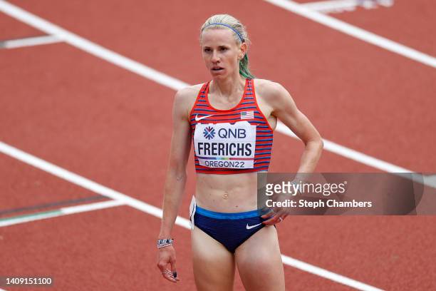 Courtney Frerichs of Team United States reacts after competing in the Women’s 3000m Steeplechase heats on day two of the World Athletics...