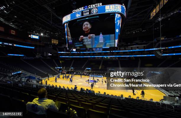 The Chase Arena is empty except for team personnel and media during warmups before the first half as the Golden State Warriors played the Denver...