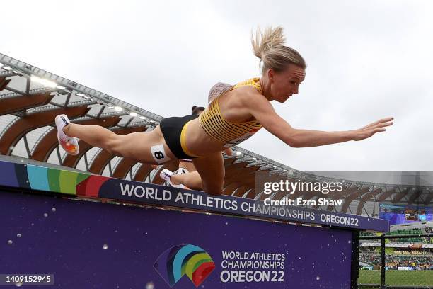 Lea Meyer of Team Germany falls into the water obstacle during the Women’s 3000m Steeplechase heats on day two of the World Athletics Championships...
