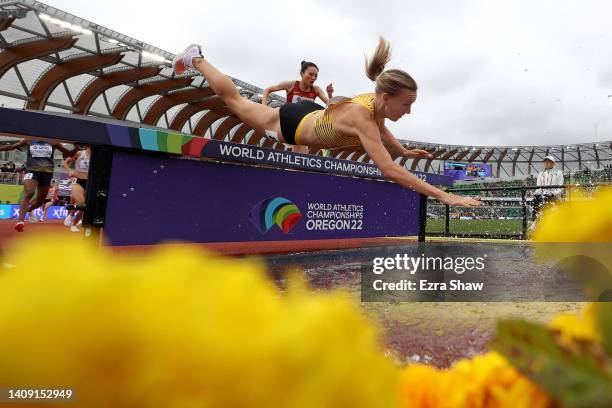 Lea Meyer of Team Germany falls into the water obstacle during the Women’s 3000m Steeplechase heats on day two of the World Athletics Championships...