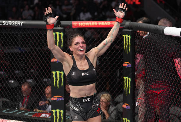 Lauren Murphy reacts after the conclusion of her flyweight fight against Miesha Tate during the UFC Fight Night event at UBS Arena on July 16, 2022...