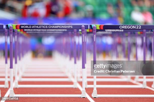 View of the hurdles during the Men’s 110 High Hurdles heats on day two of the World Athletics Championships Oregon22 at Hayward Field on July 16,...