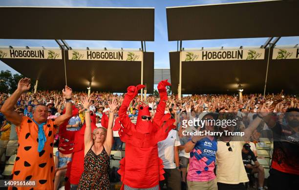 Fans react in the crowd during the Vitality Blast Final match between Lancashire Lightning and Hampshire Hawks at Edgbaston on July 16, 2022 in...
