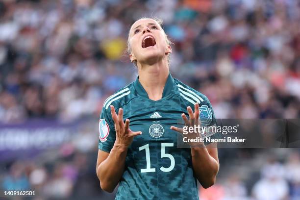 Giulia Gwinn of Germany reacts after a missed chance during the UEFA Women's Euro 2022 group B match between Finland and Germany at Stadium mk on...