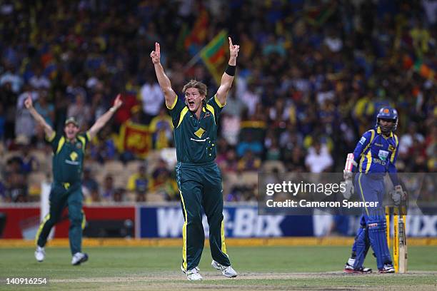 Shane Watson of Australia appeals successfully for the wickwt of Upul Tharanga of Sri Lanka during the third One Day International Final series match...