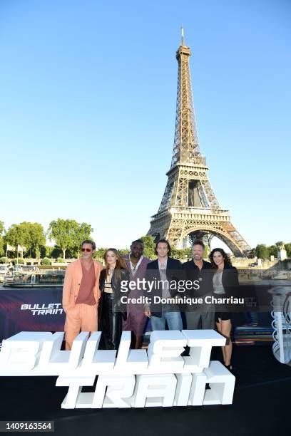 Brad Pitt, Joey King, Brian Tyree Henry, Aaron Taylor-Johnson, David Leitch and Kelly McCormick attend the "Bullet Train" Photocall at Bateau...
