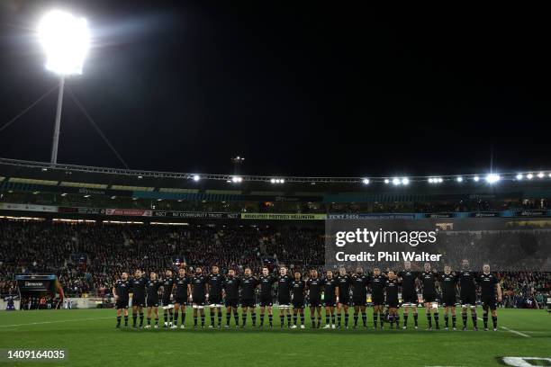 All Black team line up for the National Anthems during the International Test match between the New Zealand All Blacks and Ireland at Sky Stadium on...