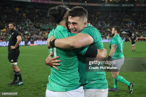 Ireland celebrate following the International Test match between the New Zealand All Blacks and Ireland at Sky Stadium on July 16, 2022 in...