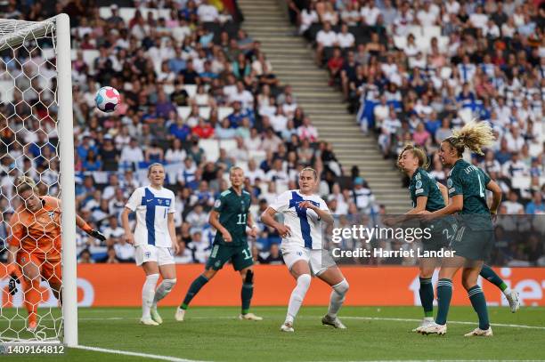 Sophia Kleinherne of Germany scores their team's first goal during the UEFA Women's Euro 2022 group B match between Finland and Germany at Stadium mk...