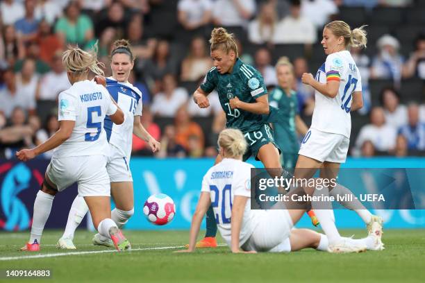 Linda Dallmann of Germany has a shot blocked during the UEFA Women's Euro 2022 group B match between Finland and Germany at Stadium mk on July 16,...