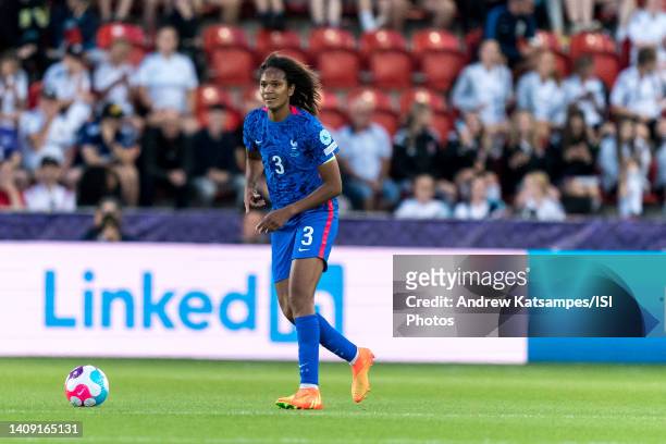 Wendie Renard of France looks to pass during a UEFA Women's Euro group stage game between Belgium and France at New York Stadium on July 14, 2022 in...