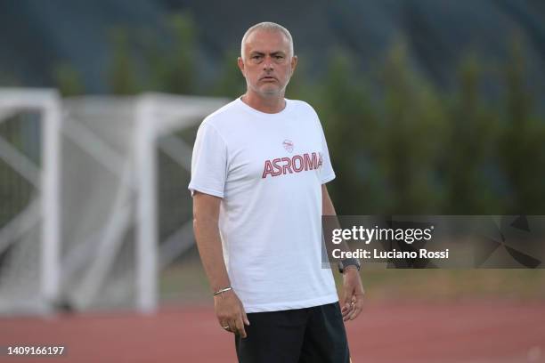 Roma coach Josè Mourinho during the Pre-season Friendly match between Portimonense SC v AS Roma at Estadio Municipal de Albufeira on July 16, 2022 in...