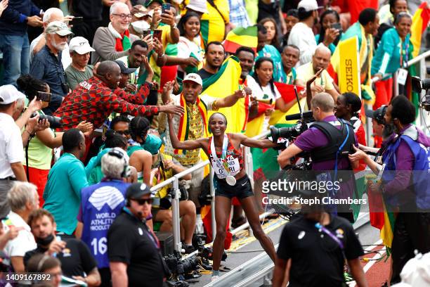 Hellen Obiri of Team Kenya greets fans after winning silver in the Women’s 10,000m Final on day two of the World Athletics Championships Oregon22 at...