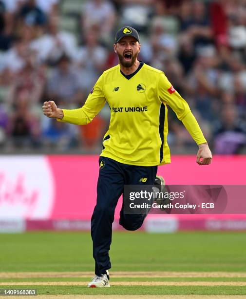 Hampshire captain James Vince celebrates the wicket of Phil Salt of Lancashire during the Vitality Blast Final match between Lancashire Lightning and...