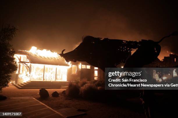 The Soda Rock Winery erupts in flame as the Kincade Fire continues to burn in Healdsburg, Calif., on Sunday, October 27, 2019.