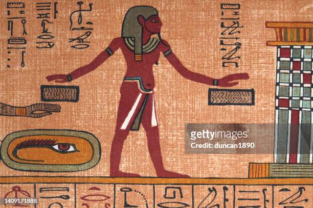 ancient egyptian, eye of horus, man holding hands over boxes, judgement - ancient egyptian stock illustrations