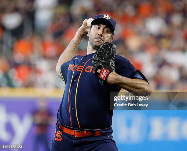 Justin Verlander of the Houston Astros pitches in the first inning against the Oakland Athletics at Minute Maid Park on July 16, 2022 in Houston,...