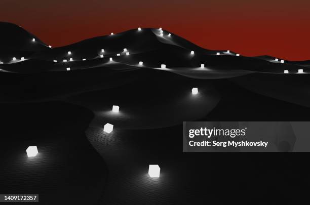 black and white dune with glowing neon cubes with red dawn sky. 3d render illustration. - glowing cube stock pictures, royalty-free photos & images