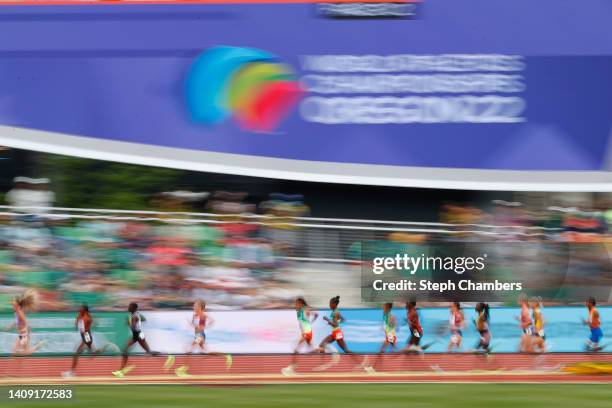 Athletes compete in the Women’s 10,000m Final on day two of the World Athletics Championships Oregon22 at Hayward Field on July 16, 2022 in Eugene,...