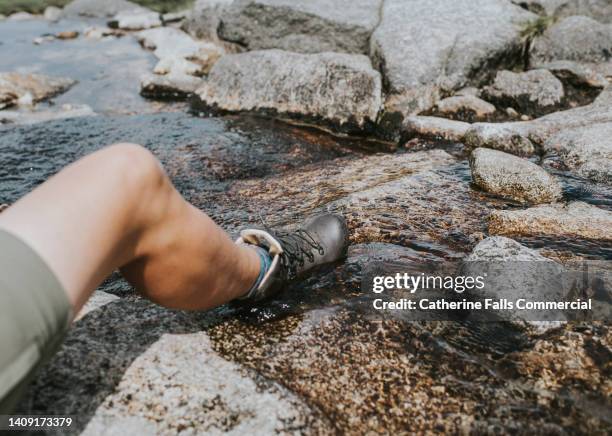 top down view of a hiker wearing hiking boots, perching on a flat rock and dipping their feet in shallow water - sock stock pictures, royalty-free photos & images