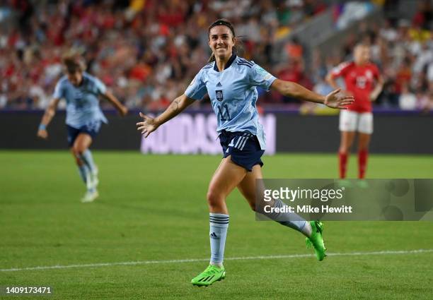 Marta Cardona of Spain celebrates scoring their side's first goal during the UEFA Women's Euro 2022 group B match between Denmark and Spain at...