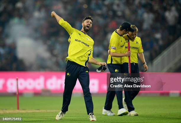 James Vince of Hampshire celebrates after the Vitality Blast Final match between Lancashire Lightning and Hampshire Hawks at Edgbaston on July 16,...