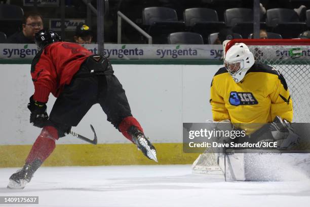 Aaron Palushaj of Team Carbonneau shoots against Jacob Theut of Team Mullen during 3ICE Week Five at Budweiser Gardens on July 16, 2022 in London,...