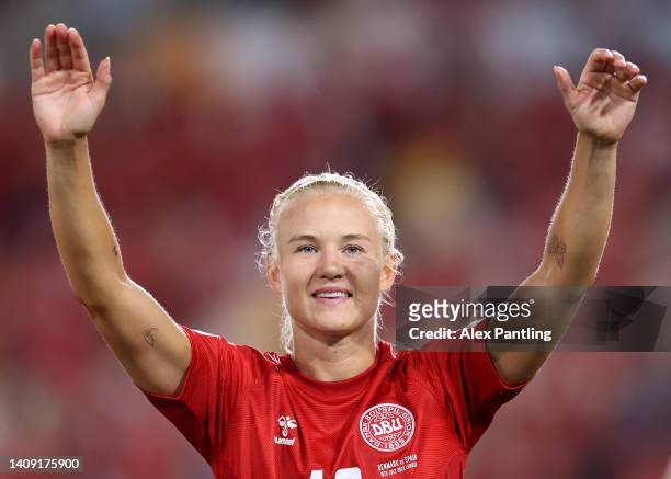 Pernille Harder of Denmark interacts with the crowd after the final whistle of the UEFA Women's Euro 2022 group B match between Denmark and Spain at...