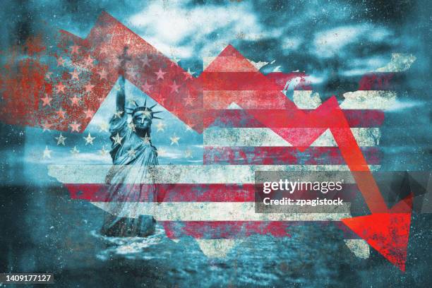 recession in the usa with the sinking statue of liberty - recession stock pictures, royalty-free photos & images