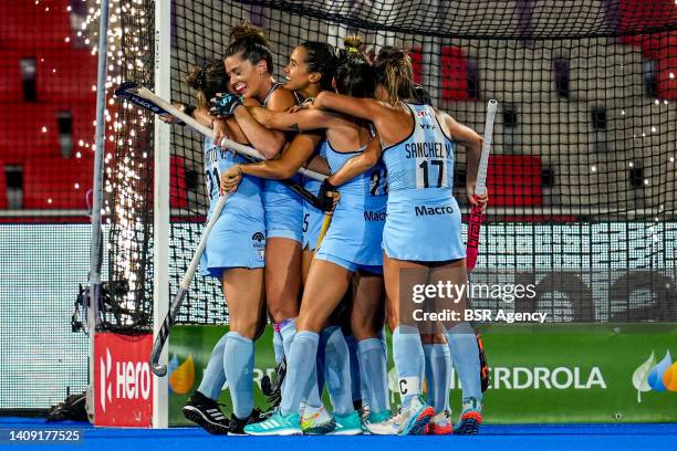 Agustina Albertarrio of Argentina celebrating scoring her first goal with Rocio Sanchez of Argentina during the FIH Hockey Women's World Cup 2022...