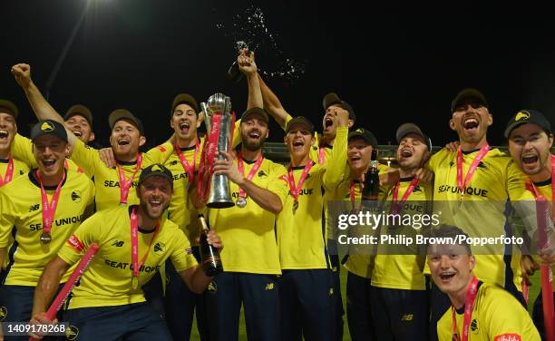 James Vince holds the trophy after Hampshire Hawks won the Vitality Blast Final match between Lancashire Lightning and Hampshire Hawks at Edgbaston...