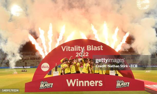 James Vince of Hampshire lifts the vitality trophy alongside his teammates during the Vitality Blast Final match between Lancashire Lightning and...