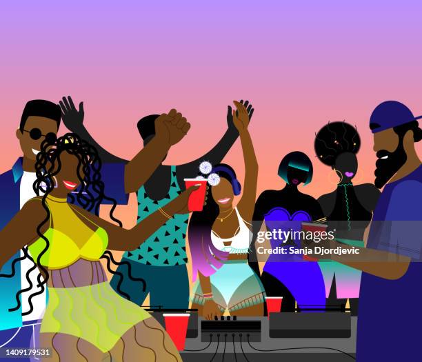 stockillustraties, clipart, cartoons en iconen met backyard party - dj summer